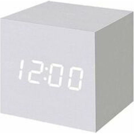 Reloj despertador digital LED de madera, con fecha y temperatura, funciona con USB y pilas (blanco). (1/4)