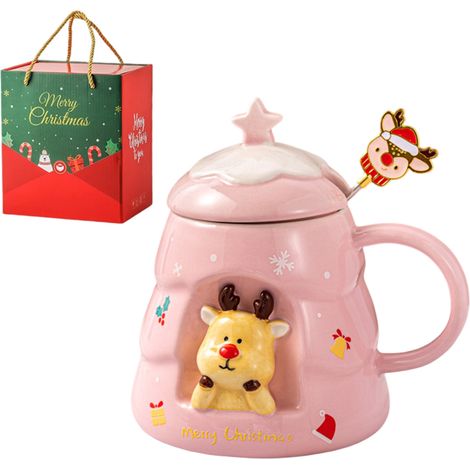 1 tasse de Noël, motif dessin animé, céramique, avec couvercle et cuillère, coffret cadeau (1/5)