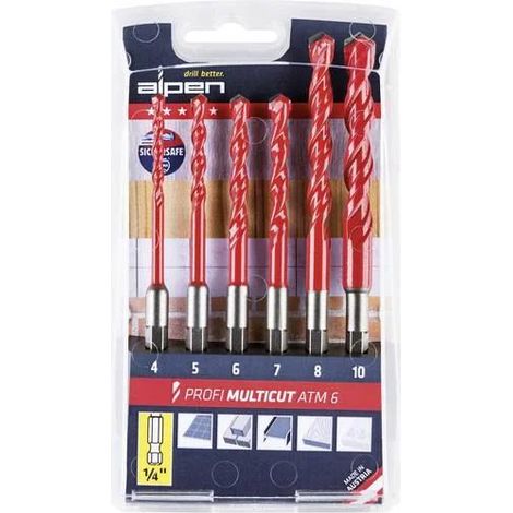 Alpen MultiCut 0000100802100 carbure de tungstène Jeu de forets polyvalents 6 pièces 4 mm, 5 mm, 6 mm, 7 mm, 8 mm, 10 m (1/2)