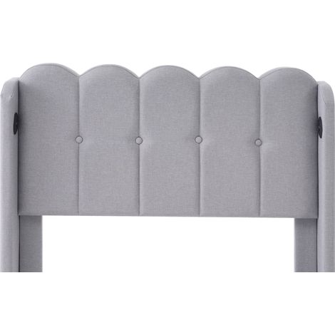 Lit à une place rembourré gris 90x200 cm avec sommier, fonction charge USB-C, cadre matelassé en lin pour chambre ado et invités, matelas inclus. (1/5)