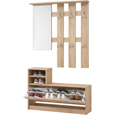 Mueble de entrada Tonengo, espejo incluido, 4 estantes, perchero, 100x29x192h cm marrón roble