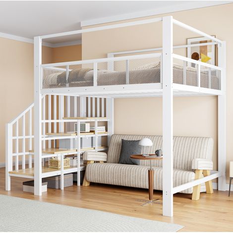 Lit mezzanine adulte enfant 140x200 cm avec escalier de rangement et ciel de lit, structure métallique blanc (1/5)