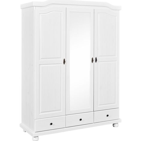 Armoire rustique – Armoire de chambre 3 portes – Armoire avec miroir - 3 tiroirs – 1 penderie et 5 niches – Armoire en pin massif – Vernis blanc – L :150 x P :56 x H :198 cm – Kappl (1/5)