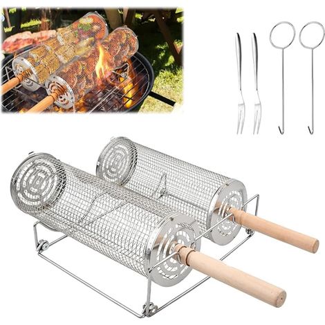 Stück Rollender Grillkorb Set, 30cm+29cm Edelstahl mit Halterung Abnehmbarer Holzgriff Haken Gabeln Bürste, Upgrade Öffnung für Gemüse Fleisch Garnelen, Grillzubehör für Outdoor und Camping (1/5)