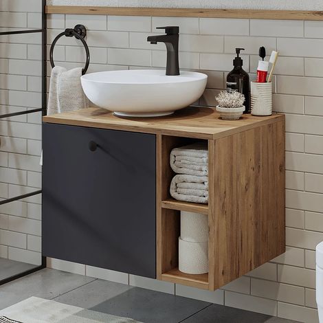 Lotus Vanity Unit 65 cm with Over Counter Wash Basin / Bowl, Oak Effect and Anthracite (1/5)