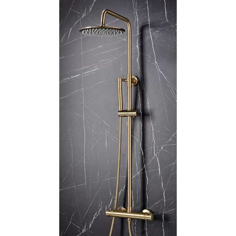 Core Brushed Brass Thermostatic Round Rigid Riser Shower Valve Two Heads (1/7)
