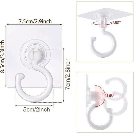 8 Pièces Crochets Auto-adhésifs Transparents Crochet Rotatif à 360 Degrés Crochet Adhésif Puissant Plafond Crochets Muraux Sans Perçage pour Sall (1/3)