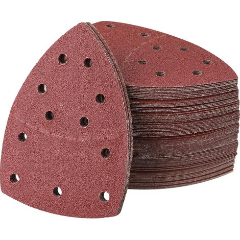 50 pièces Abrasif pour Ponceuse 152 x 105 mm Feuille abrasive triangulaire, 11 trous avec crochets et boucles Grain 40 80 120 180 220 400 à Abrasif pour Ponceuse électrique Bois Métal (1/5)
