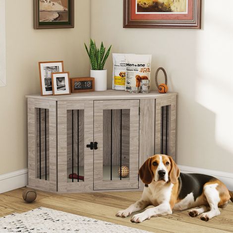 Dog Crate Furniture Side Table, with Cushion, 104 x 55 x 63cm - Walnut Brown (1/5)