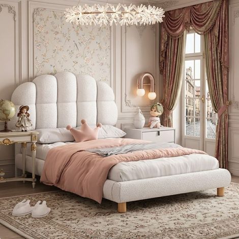 Lit Enfant 90x200 cm en Tissu Bouclée Blanc - Tête de Lit Design Coquillage - Cadre de Lit Rembourré Doux Style Scandinave - Blanc Cassé (1/5)