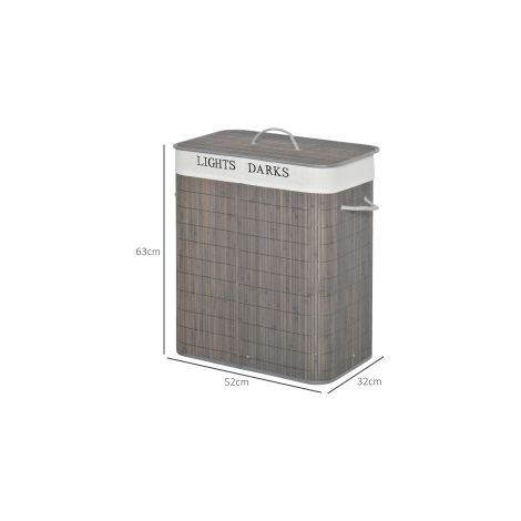 Panier à linge gris 100 L en bambou à 2 compartiments avec couvercle pliable avec poignée (1/5)