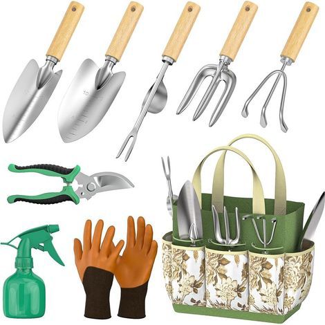 Ensemble d'outils de jardin, coffret cadeau de 9 outils de jardinage à main en acier inoxydable, idéal pour femmes et hommes, avec sac à outils robuste.