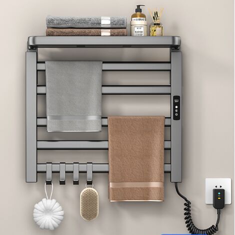 Sèche-Serviettes Électrique Gris Foncé 50x50cm, Double Couche 5 Barres, Contrôle WIFI, Aluminium, Chauffage Rapide Antibactérien Anti-Acariens, Poids Support 20kg, pour Salle de Bain (1/5)