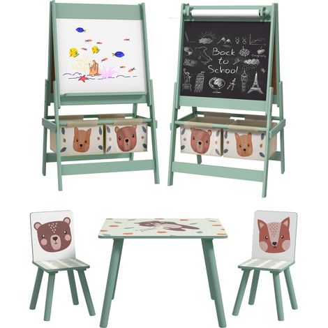 ZONEKIZ conjunto para niños incluye 1 mesa con 2 sillas infantiles y 1 caballete 3 en 1 con cestos para dormitorio sala de juegos verde (1/5)