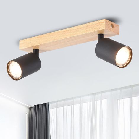 Plafonnier Spots, 2 Spots de Plafond Led Intérieurs Base GU10, Spots de Plafond Noirs avec Base Rectangulaire en Bois, Plafonnier Pivotant LED Plafonnier(Sans Ampoules). (1/5)