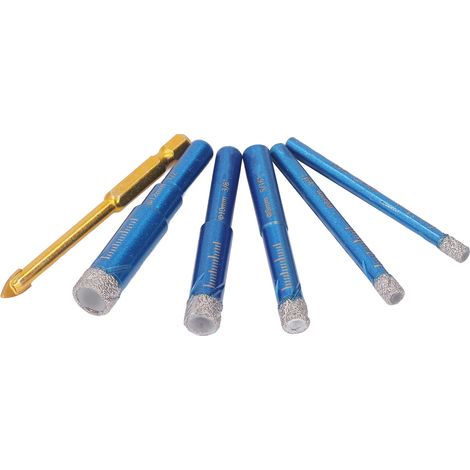 Jeu de 6 forets triangulaires à tête plate 6 mm pour carrelage, perçage à sec, bleu, lot complet. (1/5)