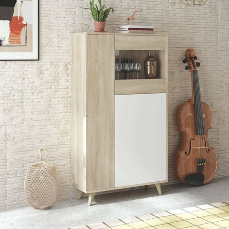 Vetrina Altavista, Vetrinetta moderna a 3 ante, Credenza da soggiorno o salotto, Madia alta con ripiani, 77x33h142 cm, Rovere e Bianco (1/5)