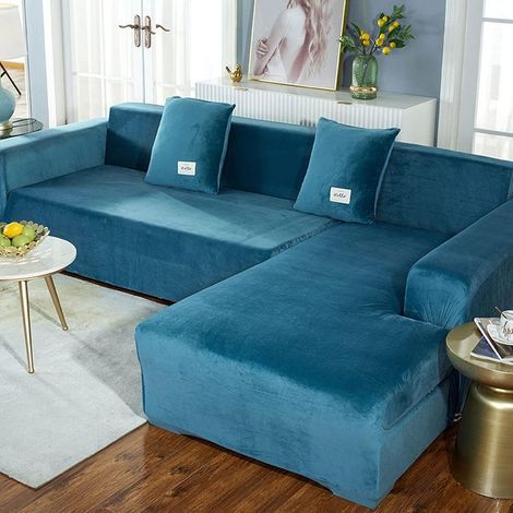 L-förmiger Samtsofabezug, Stretch-Plüschbezug für Ecksofas, rutschfester Möbelschutz für 2-Sitzer-Sofas – geeignet für Hunde, Haustiere und Kinder (1/5)