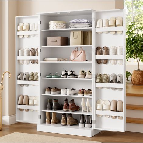 MODFU – Meuble chaussures 80x40x160 cm – Étagères réglables et rangements de porte – Anti-basculement – Blanc (1/5)
