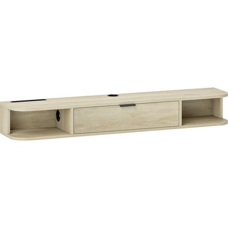Meuble mural TV 120x24x16cm bois naturel, support télévision jusqu'à 50 pouces, étagère rabattable 2 tiroirs, meuble suspendu moderne (1/5)