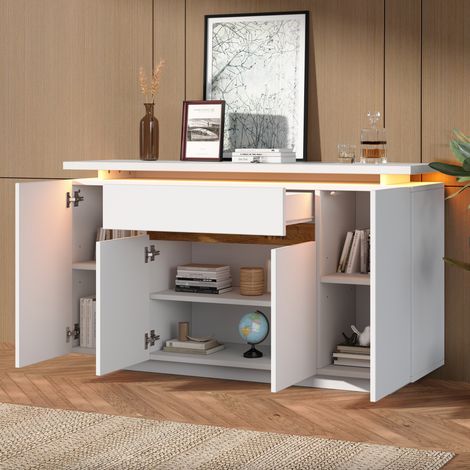 Sideboard mit LED, 1 Schublade und 4 Türen, Weiß, 140 x 40 x 80 cm (1/5)