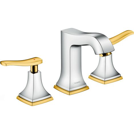 Metropol Classic Mezclador cromado/oro de lavabo de 3 agujeros 110 de palancas con vaciador automático (1/4)
