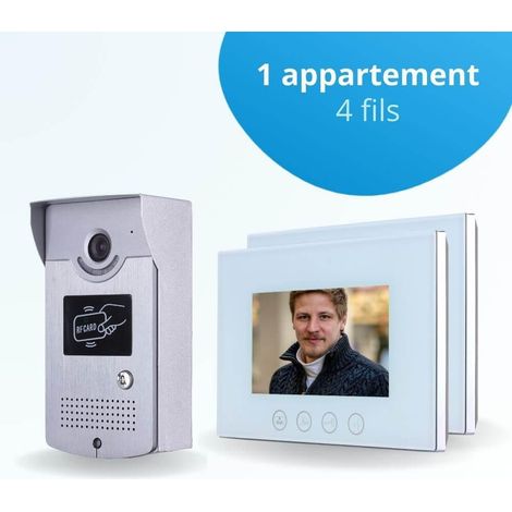 Portier interphone vidéo CARDS 4 Fils - 2 écrans blancs 7" - avec mémoire photos - avec lecteur de badge