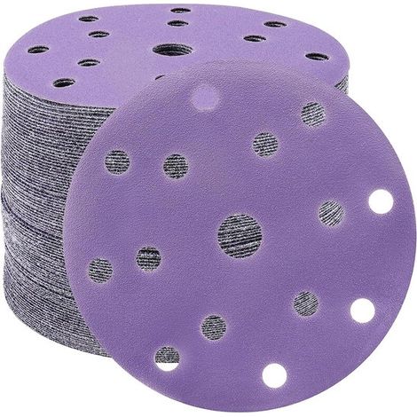 Discos de lijado de 150 mm, papel de lija de grano 320, 50 unidades, discos de lijado de 15 agujeros para lijadora orbital (morado) (1/2)