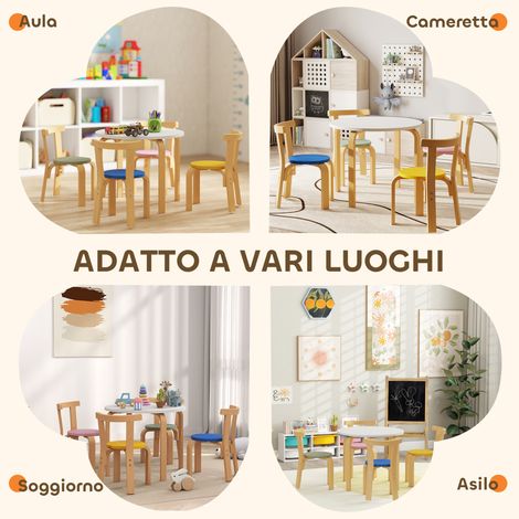 Set de table enfant en bois multicolore 5 pièces incluant chaises et table, bords arrondis pour enfants de 3 à 8 ans (1/5)