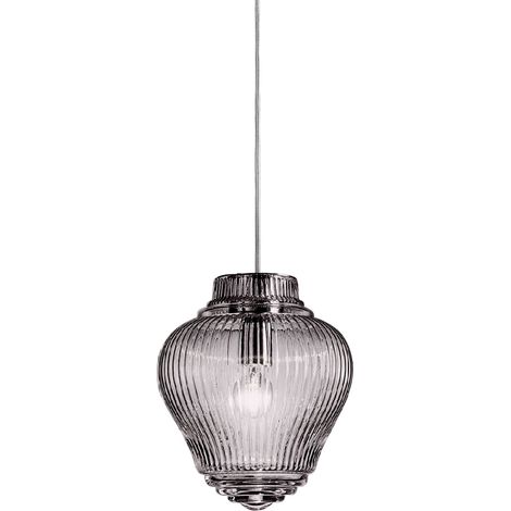 Clyde Lampada a sospensione in vetro soffiato fumè con lavorazione rigadin e struttura in metallo grigio, altezza regolabile, design artigianale