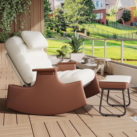 Schaukelstuhl mit Fußhocker, verstellbarer Relaxsessel mit Kopfstütze und dicker Polsterung, Cord, PU und Metall, Hellbeige