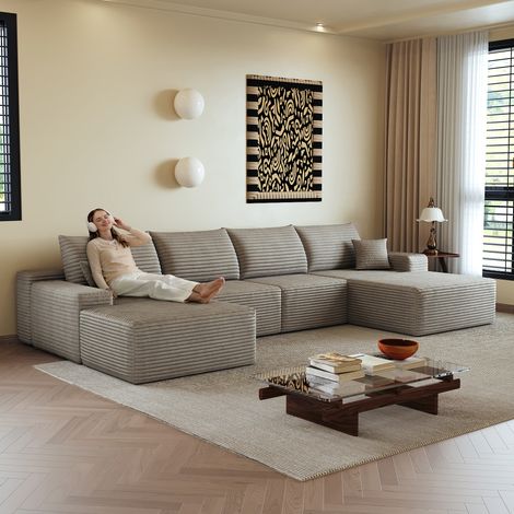 Canapé d'angle modulaire 340 cm, méridienne gauche ou droite, assise profonde, revêtement anti-déchirure camel, livré monté, idéal salon ou appartement, canapé moderne compressible. (1/5)