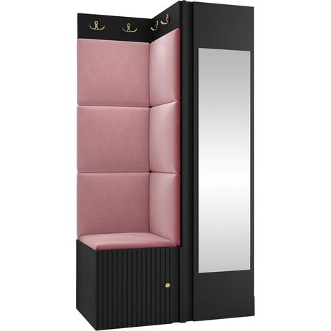 Conjunto para recibidor Hartford 391, Negro, 186x82x46cm, Espejo, Aglomerado laminado, Tapiz, MDF, Montada en la pared, Colocada