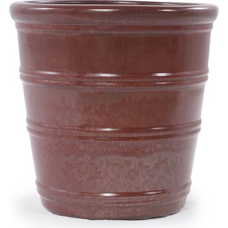 Maceta artesanal de cerámica Ø 32 cm, rojo marrón brillante con estrías (1/5)