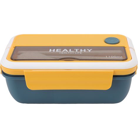 Boîte à lunch isotherme portable de grande capacité (1100 ml), étanche, idéale pour les salades au bureau (bleu/jaune). (1/5)