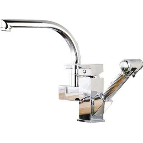 Miscelatore da cucina girevole con doppia uscita e tubo flessibile, colore argento – design moderno e funzionale, senza marchio.