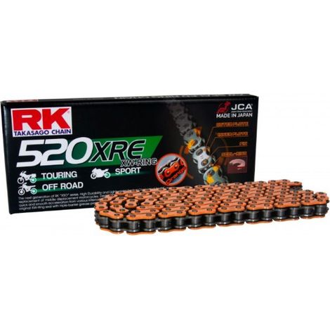 CADENA DE TRANSMISIÓN RK DD520XRE-120 (XW-RING) CON LENTE (CLF) INCLUIDA COLOR NARANJA (CAPACIDAD: HASTA 800 CCM) (36,5 KN)