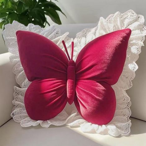 Coussin Décoratif Forme Papillon - Velours - Bordure Dentelle - 50 x 40 cm - Pour Canapé Lit Chaise Bureau Voiture (1/5)