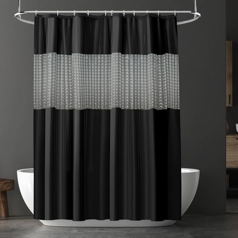 Rideau de Douche 180x180 cm, PEVA avec 12 Crochets, Patchwork Noir (1/5)