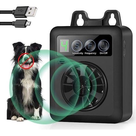 Dispositivo inteligente antiladridos para perros, para uso en interiores y exteriores, con 3 niveles ajustables y recargable (1/5)