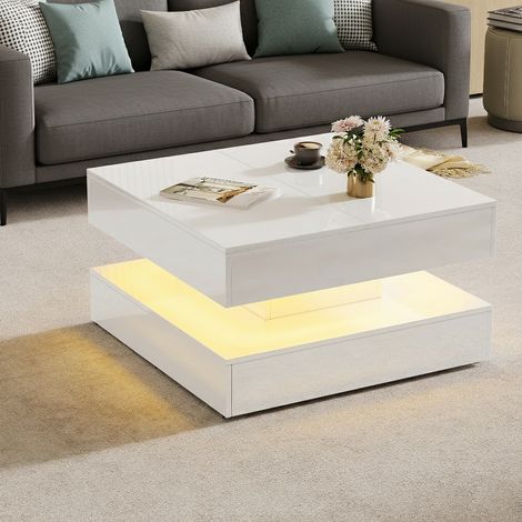 Table basse brillante avec LED table de salon moderne avec rangement, table basse de salon avec 2 tiroirs, table d'appoint carrée pour salon, chambre à coucher, blanc (1/5)