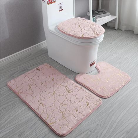Badematte aus ultra-weichem Kunst-Kaninchenfell mit goldener Verzierung – 3-teiliges Set für Badezimmer (50x80 cm, 40x50 cm U-Form, 38x46 cm WC-Deckelabdeckung) – Elegantes rosa Muster-lsw