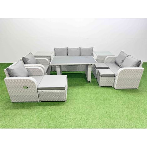 Fimous 10 Seater Garden Furniture Set PE Ratten Garden Sofa Set with Rectangular Dining Table 3 Stool 2 Side Tables Light Grey (1/4)