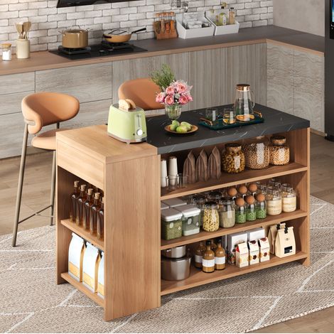 Isla de cocina 140/60/90 cm en negro y natural con almacenaje y cajón oculto (1/5)