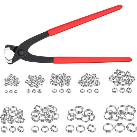 Kit d'Outils de Sertissage 130pcs Pince Colliers de Serrage 6-21mm en Acier Inoxydable Pince de Serrag Anneaux de Serrage de Sangle Pinces de Serrage d'Oreille Pince Tuyau de Serrage (1/5)