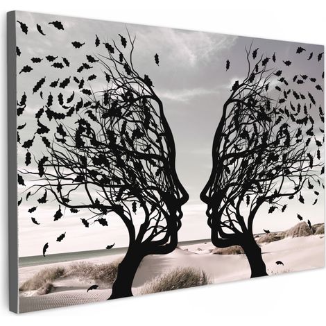 TABLEAU SUR TOILE Plage - Mer - Personnes - Arbre - Art moderne Toile Peinture Grand Format XXL 150x100 cm