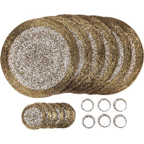 Lot de 18 sets de table, dessous de verre et ronds de serviette en perles de verre, couleur or et blanc, sets de table ronds, fabriqués à la main, D:32cm (1/5)