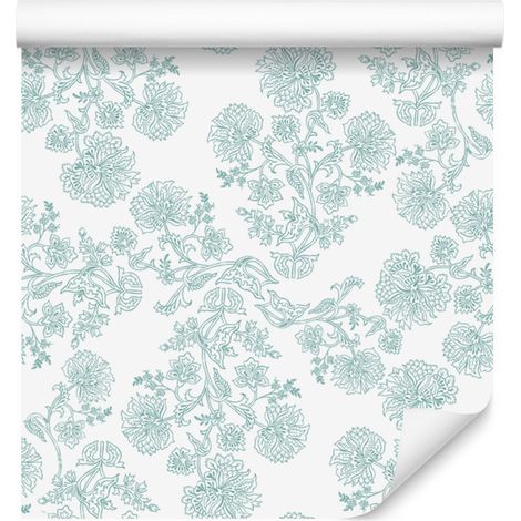 Papier peint à motifs floraux blancs, gris clair, menthe et céladon 50x1000 cm (1/5)