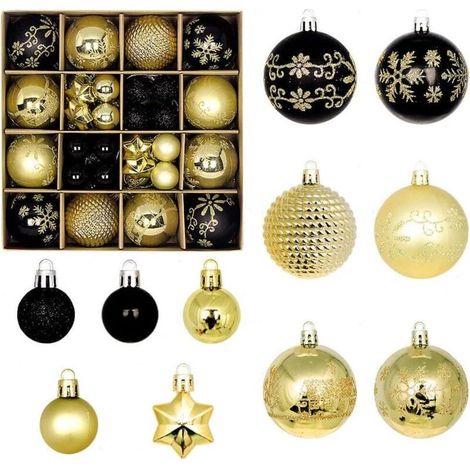 Lot de 44 boules de Noël en plastique avec cordon pour décorations de Noël, festivals, décorations de sapin de Noël (noir et doré) (1/5)