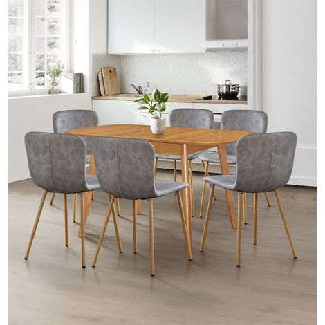 Hallowood Furniture Aston Extending Table and Chairs Set 6, Butterfly Leaf Wooden Kitchen Table and Grey Faux Leather Kitchen Chairs, Dining Room Set for Home and Cafe (1/5)